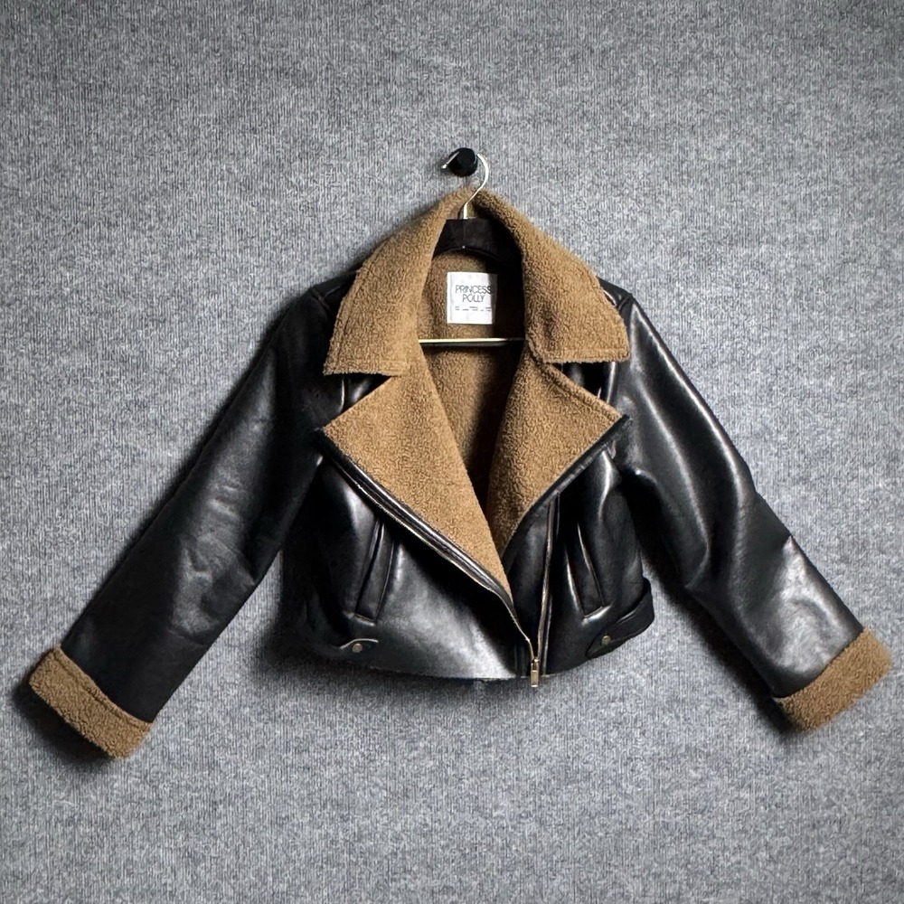 Princess Polly Faux Leather Shearling Jacket 2 Black Cropped Moto Biker Y2K